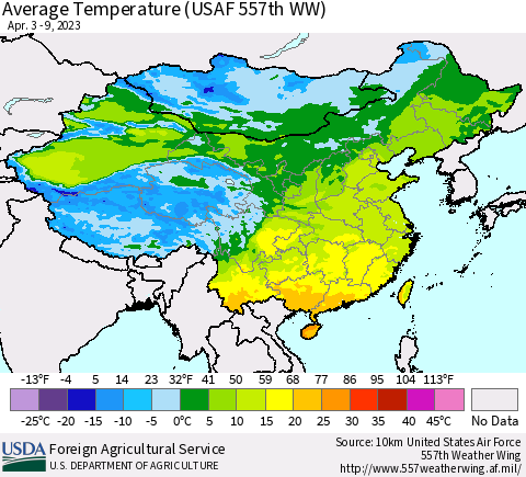 China, Mongolia and Taiwan Average Temperature (USAF 557th WW) Thematic Map For 4/3/2023 - 4/9/2023