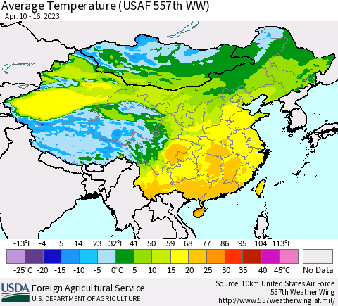 China, Mongolia and Taiwan Average Temperature (USAF 557th WW) Thematic Map For 4/10/2023 - 4/16/2023
