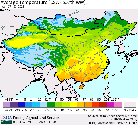 China, Mongolia and Taiwan Average Temperature (USAF 557th WW) Thematic Map For 4/17/2023 - 4/23/2023