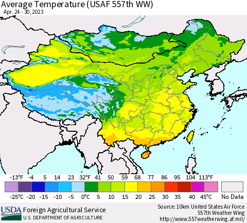 China, Mongolia and Taiwan Average Temperature (USAF 557th WW) Thematic Map For 4/24/2023 - 4/30/2023
