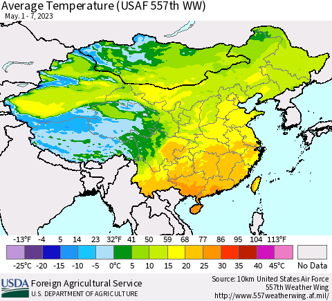 China, Mongolia and Taiwan Average Temperature (USAF 557th WW) Thematic Map For 5/1/2023 - 5/7/2023
