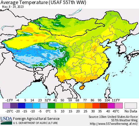 China, Mongolia and Taiwan Average Temperature (USAF 557th WW) Thematic Map For 5/8/2023 - 5/14/2023