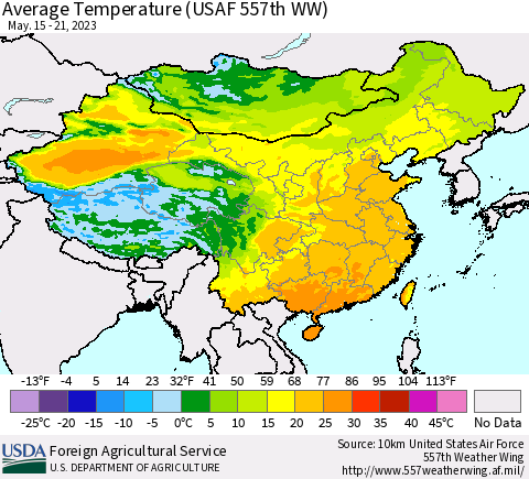 China, Mongolia and Taiwan Average Temperature (USAF 557th WW) Thematic Map For 5/15/2023 - 5/21/2023