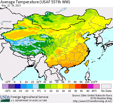 China, Mongolia and Taiwan Average Temperature (USAF 557th WW) Thematic Map For 5/22/2023 - 5/28/2023