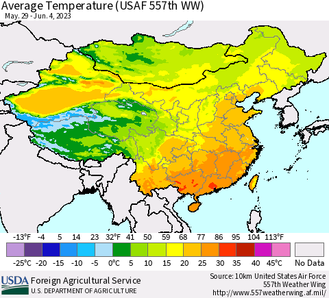 China, Mongolia and Taiwan Average Temperature (USAF 557th WW) Thematic Map For 5/29/2023 - 6/4/2023