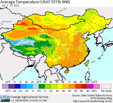 China, Mongolia and Taiwan Average Temperature (USAF 557th WW) Thematic Map For 6/5/2023 - 6/11/2023