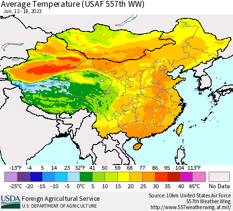 China, Mongolia and Taiwan Average Temperature (USAF 557th WW) Thematic Map For 6/12/2023 - 6/18/2023