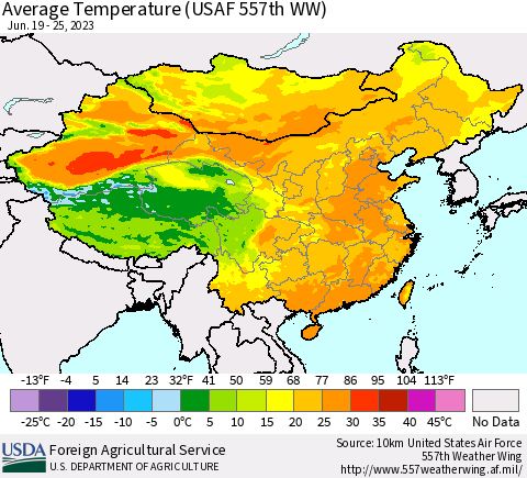 China, Mongolia and Taiwan Average Temperature (USAF 557th WW) Thematic Map For 6/19/2023 - 6/25/2023