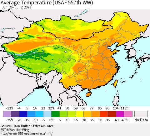 China, Mongolia and Taiwan Average Temperature (USAF 557th WW) Thematic Map For 6/26/2023 - 7/2/2023