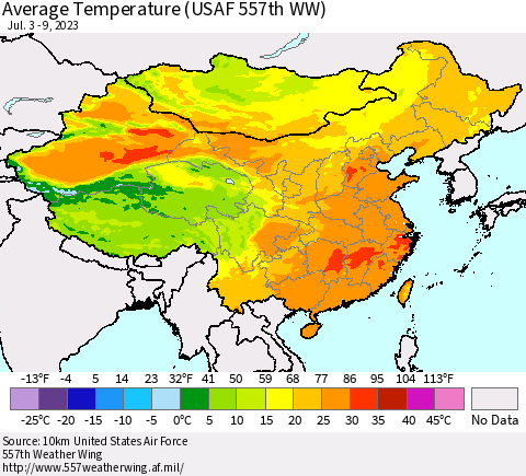 China, Mongolia and Taiwan Average Temperature (USAF 557th WW) Thematic Map For 7/3/2023 - 7/9/2023