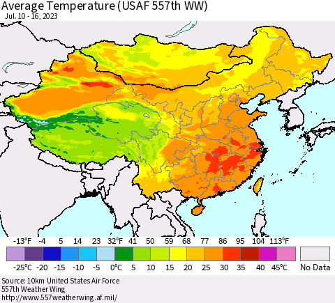 China, Mongolia and Taiwan Average Temperature (USAF 557th WW) Thematic Map For 7/10/2023 - 7/16/2023