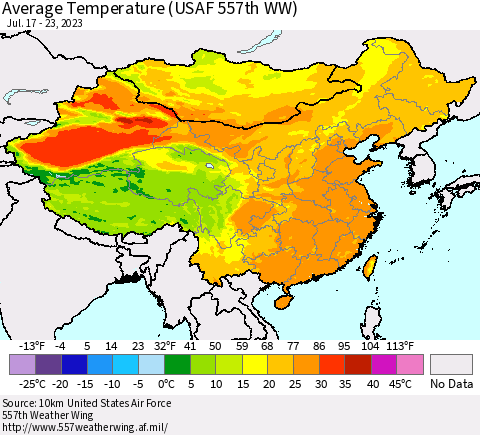 China, Mongolia and Taiwan Average Temperature (USAF 557th WW) Thematic Map For 7/17/2023 - 7/23/2023