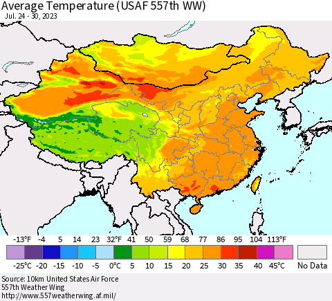 China, Mongolia and Taiwan Average Temperature (USAF 557th WW) Thematic Map For 7/24/2023 - 7/30/2023