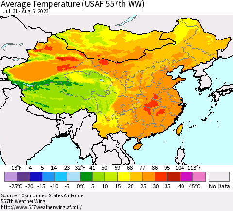 China, Mongolia and Taiwan Average Temperature (USAF 557th WW) Thematic Map For 7/31/2023 - 8/6/2023