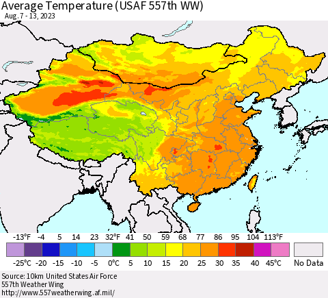China, Mongolia and Taiwan Average Temperature (USAF 557th WW) Thematic Map For 8/7/2023 - 8/13/2023