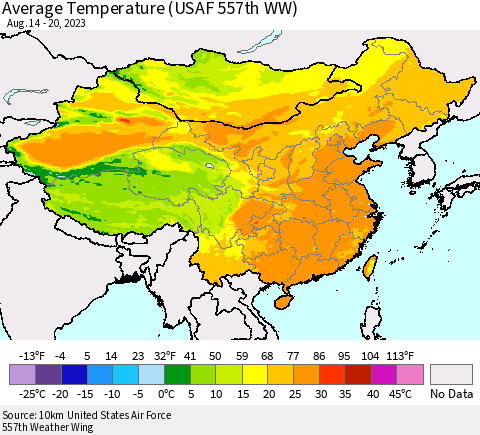 China, Mongolia and Taiwan Average Temperature (USAF 557th WW) Thematic Map For 8/14/2023 - 8/20/2023
