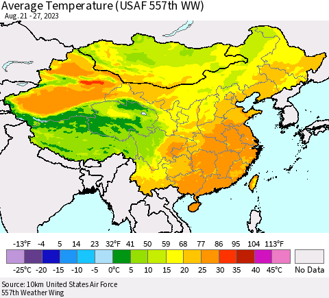 China, Mongolia and Taiwan Average Temperature (USAF 557th WW) Thematic Map For 8/21/2023 - 8/27/2023