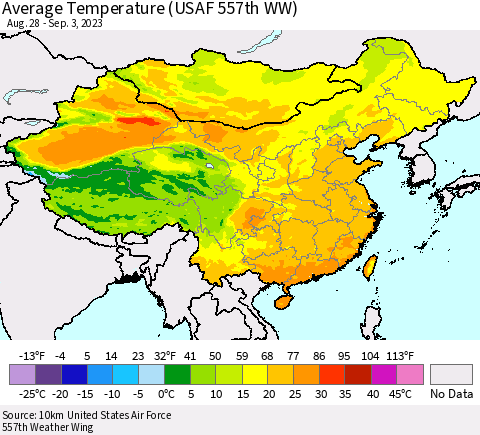 China, Mongolia and Taiwan Average Temperature (USAF 557th WW) Thematic Map For 8/28/2023 - 9/3/2023