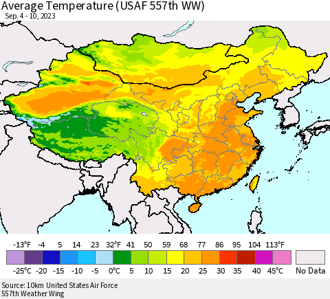 China, Mongolia and Taiwan Average Temperature (USAF 557th WW) Thematic Map For 9/4/2023 - 9/10/2023
