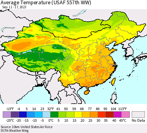 China, Mongolia and Taiwan Average Temperature (USAF 557th WW) Thematic Map For 9/11/2023 - 9/17/2023