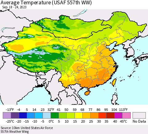 China, Mongolia and Taiwan Average Temperature (USAF 557th WW) Thematic Map For 9/18/2023 - 9/24/2023