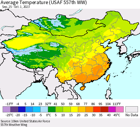 China, Mongolia and Taiwan Average Temperature (USAF 557th WW) Thematic Map For 9/25/2023 - 10/1/2023