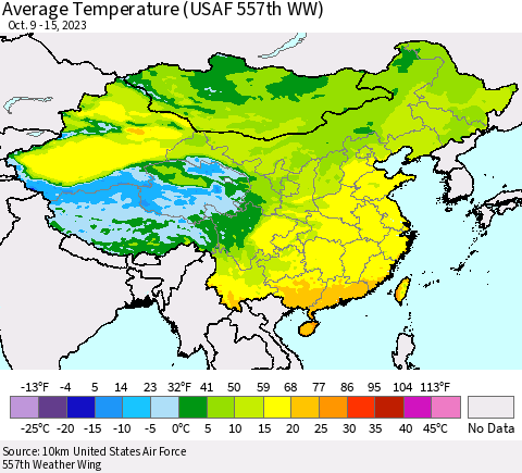 China, Mongolia and Taiwan Average Temperature (USAF 557th WW) Thematic Map For 10/9/2023 - 10/15/2023