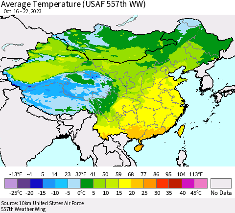 China, Mongolia and Taiwan Average Temperature (USAF 557th WW) Thematic Map For 10/16/2023 - 10/22/2023