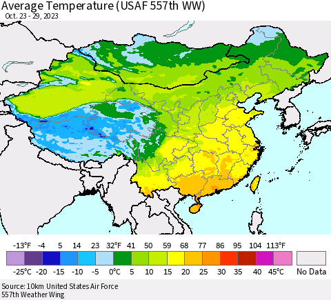 China, Mongolia and Taiwan Average Temperature (USAF 557th WW) Thematic Map For 10/23/2023 - 10/29/2023