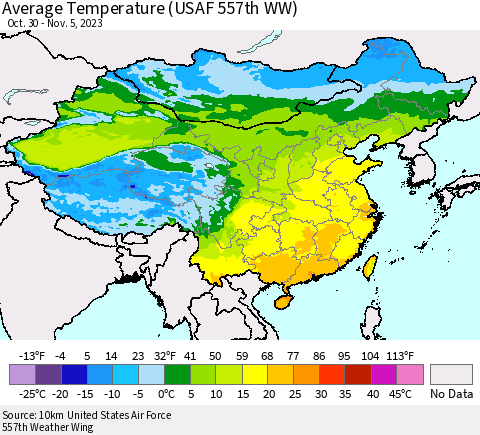 China, Mongolia and Taiwan Average Temperature (USAF 557th WW) Thematic Map For 10/30/2023 - 11/5/2023