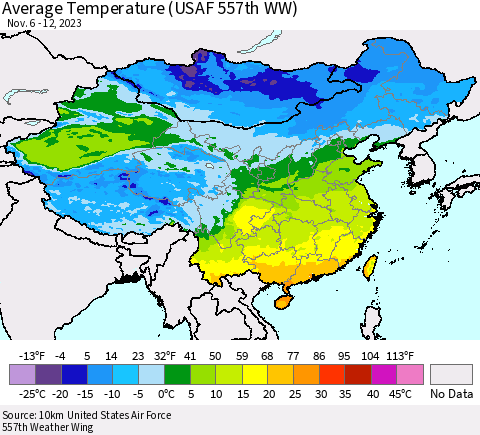 China, Mongolia and Taiwan Average Temperature (USAF 557th WW) Thematic Map For 11/6/2023 - 11/12/2023