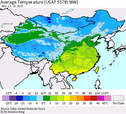 China, Mongolia and Taiwan Average Temperature (USAF 557th WW) Thematic Map For 11/13/2023 - 11/19/2023