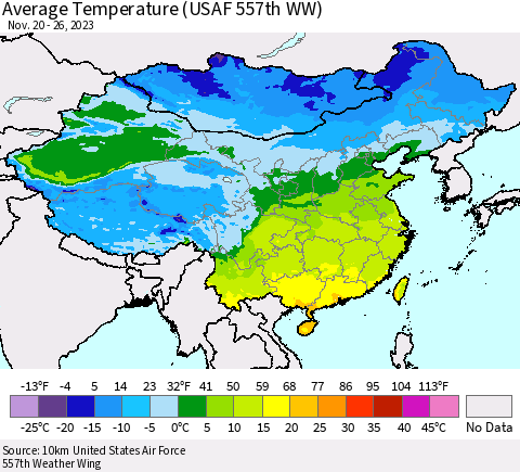 China, Mongolia and Taiwan Average Temperature (USAF 557th WW) Thematic Map For 11/20/2023 - 11/26/2023