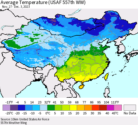 China, Mongolia and Taiwan Average Temperature (USAF 557th WW) Thematic Map For 11/27/2023 - 12/3/2023