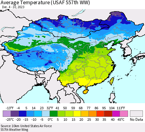 China, Mongolia and Taiwan Average Temperature (USAF 557th WW) Thematic Map For 12/4/2023 - 12/10/2023