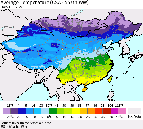 China, Mongolia and Taiwan Average Temperature (USAF 557th WW) Thematic Map For 12/11/2023 - 12/17/2023