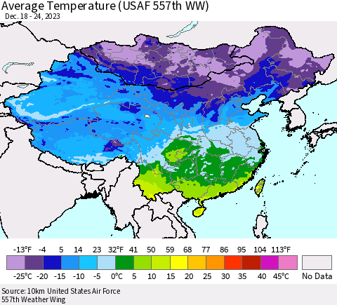 China, Mongolia and Taiwan Average Temperature (USAF 557th WW) Thematic Map For 12/18/2023 - 12/24/2023