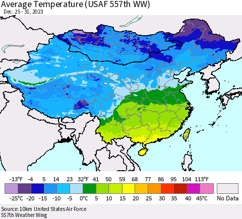 China, Mongolia and Taiwan Average Temperature (USAF 557th WW) Thematic Map For 12/25/2023 - 12/31/2023