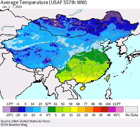 China, Mongolia and Taiwan Average Temperature (USAF 557th WW) Thematic Map For 1/1/2024 - 1/7/2024