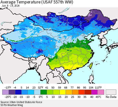 China, Mongolia and Taiwan Average Temperature (USAF 557th WW) Thematic Map For 1/8/2024 - 1/14/2024