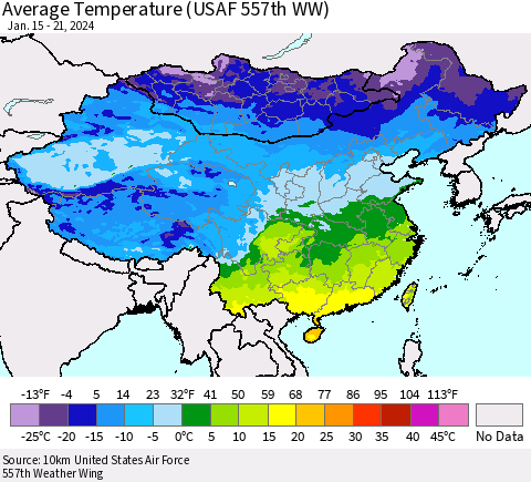 China, Mongolia and Taiwan Average Temperature (USAF 557th WW) Thematic Map For 1/15/2024 - 1/21/2024