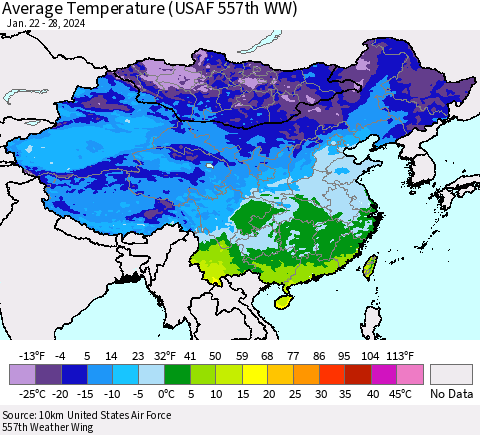 China, Mongolia and Taiwan Average Temperature (USAF 557th WW) Thematic Map For 1/22/2024 - 1/28/2024