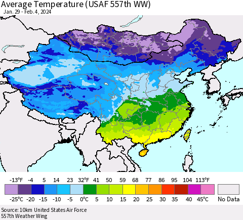 China, Mongolia and Taiwan Average Temperature (USAF 557th WW) Thematic Map For 1/29/2024 - 2/4/2024