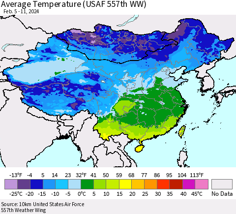 China, Mongolia and Taiwan Average Temperature (USAF 557th WW) Thematic Map For 2/5/2024 - 2/11/2024