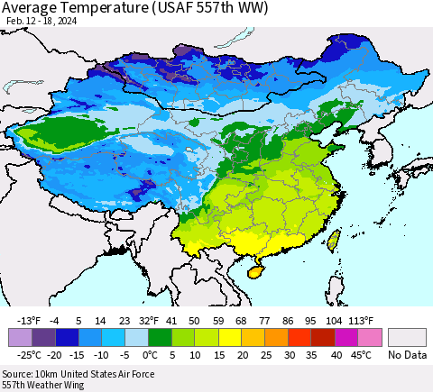 China, Mongolia and Taiwan Average Temperature (USAF 557th WW) Thematic Map For 2/12/2024 - 2/18/2024