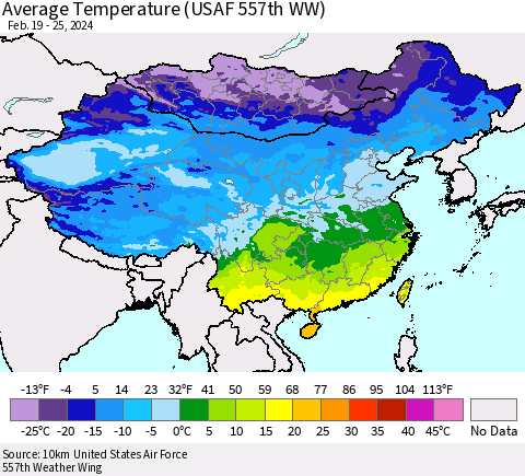 China, Mongolia and Taiwan Average Temperature (USAF 557th WW) Thematic Map For 2/19/2024 - 2/25/2024