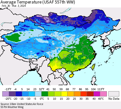 China, Mongolia and Taiwan Average Temperature (USAF 557th WW) Thematic Map For 2/26/2024 - 3/3/2024