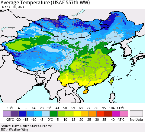 China, Mongolia and Taiwan Average Temperature (USAF 557th WW) Thematic Map For 3/4/2024 - 3/10/2024