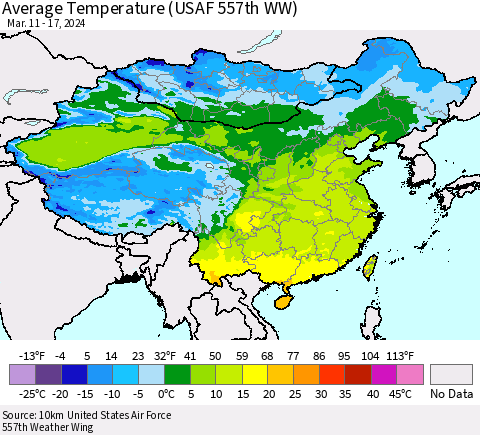 China, Mongolia and Taiwan Average Temperature (USAF 557th WW) Thematic Map For 3/11/2024 - 3/17/2024