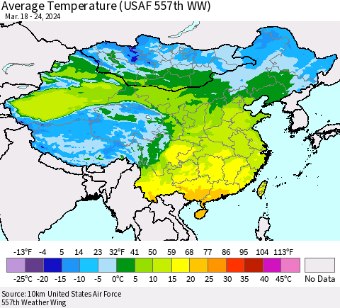 China, Mongolia and Taiwan Average Temperature (USAF 557th WW) Thematic Map For 3/18/2024 - 3/24/2024